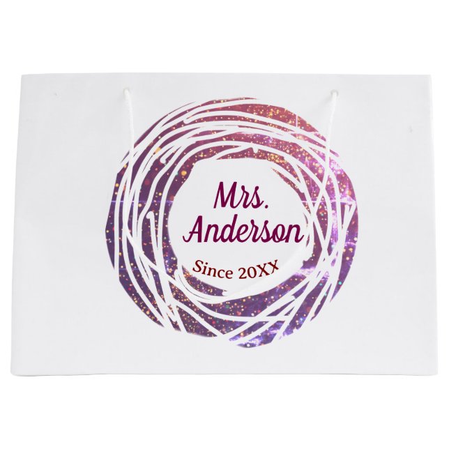 Sacola Para Presentes Grande Mrs name pink mauve border since year wedding brid (Frente)