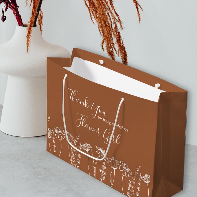 Sacola Para Presentes Grande Muito Obrigado, Marrom Burnt Wildflower Sketch (Flower Girl Gift Bag in Terracotta Burnt Orange, from my Wildflower Sketch collection)