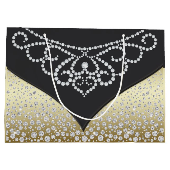 Sacola Para Presentes Grande Mulheres Elegante Dourado Diamante Negro (Verso)