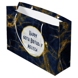 Sacola Para Presentes Grande Na moda marinho Azul e Dourado Marble Moderno Aniv