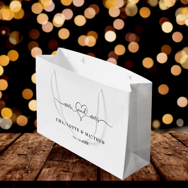 Sacola Para Presentes Grande Nado branco mr mrs Heart script (Criador carregado)