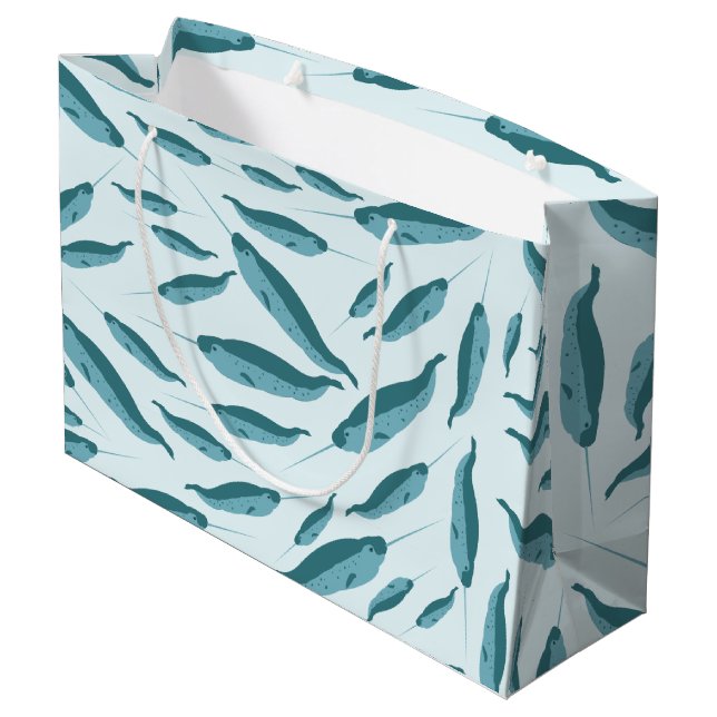 Sacola Para Presentes Grande Narwhal no Padrão do Oceano Azul (Verso inclinado)