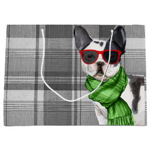 Sacola Para Presentes Grande Natal Boston Terrier Dog e Xadrez