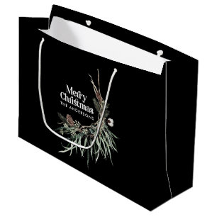 Sacola Para Presentes Grande Natal botânico preto-elegante
