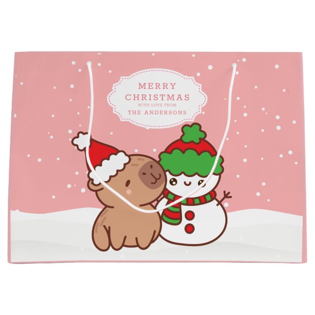 Sacola Para Presentes Grande Natal Capybara E Snowman Cute (Frente)