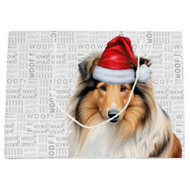 Sacola Para Presentes Grande Natal Collie Dog Lover Woof Words Holiday