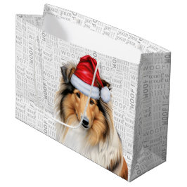 Sacola Para Presentes Grande Natal Collie Dog Lover Woof Words Holiday