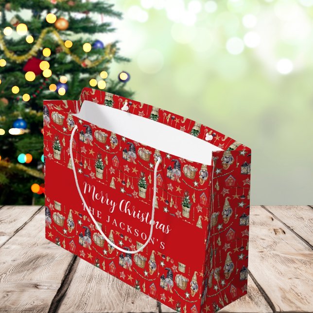 Sacola Para Presentes Grande Natal da fazenda nórdica dos gnomos vermelhos (Criador carregado)