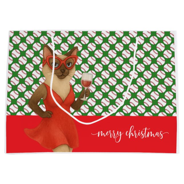 Sacola Para Presentes Grande Natal de baseball temático para os amantes de gato (Frente)