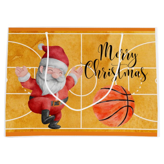 Sacola Para Presentes Grande Natal de basquete com Papai Noel (Frente)