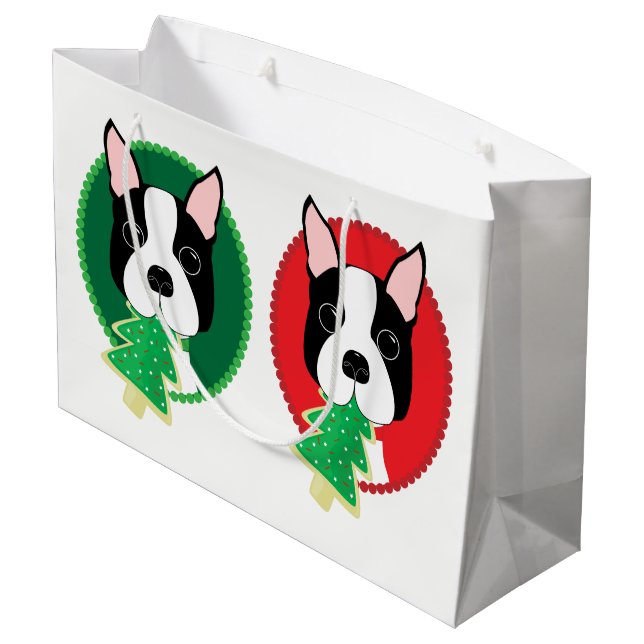 Sacola Para Presentes Grande Natal de Boston Terrier (Verso inclinado)