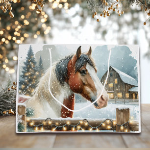 Sacola Para Presentes Grande Natal do País dos Cavalos Castanhos e Brancos