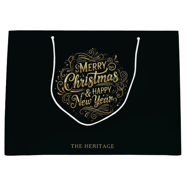 Sacola Para Presentes Grande Natal e Feliz ano novo alegres e Dourados (Frente)