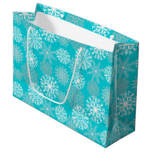 Sacola Para Presentes Grande Natal Elegante Aqua White Dourada de inverno Floco