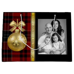 Sacola Para Presentes Grande Natal elegante da xadrez w/Photo