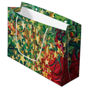 Sacola Para Presentes Grande NATAL ESTRELAS Abstrato Vermelho Verde Dourado Fes