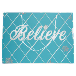 Sacola Para Presentes Grande Natal Festivo Azul e Prata 'Acredite'