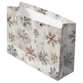 Sacola Para Presentes Grande Natal Flocos de Neve Azuis Marrons Creme