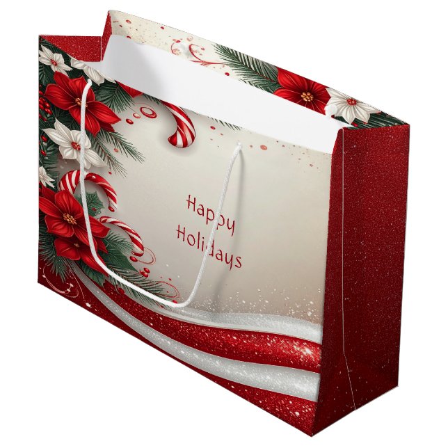 Sacola Para Presentes Grande Natal Floral Candy Canes Feriado Gift Bag (Frente inclinada)