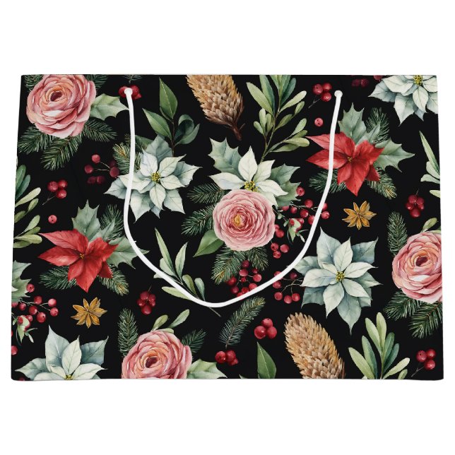 Sacola Para Presentes Grande Natal Floral Escuro Moderno Elegante (Frente)