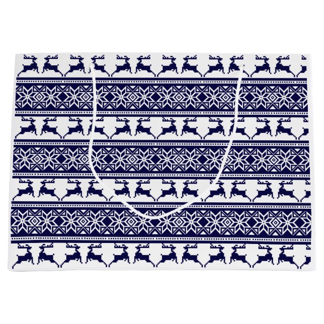 Sacola Para Presentes Grande Natal, Folha Escandinava Azul e Branco (Frente)