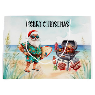 Sacola Para Presentes Grande Natal na Praia com Churrasco do Papai Noel Surfist