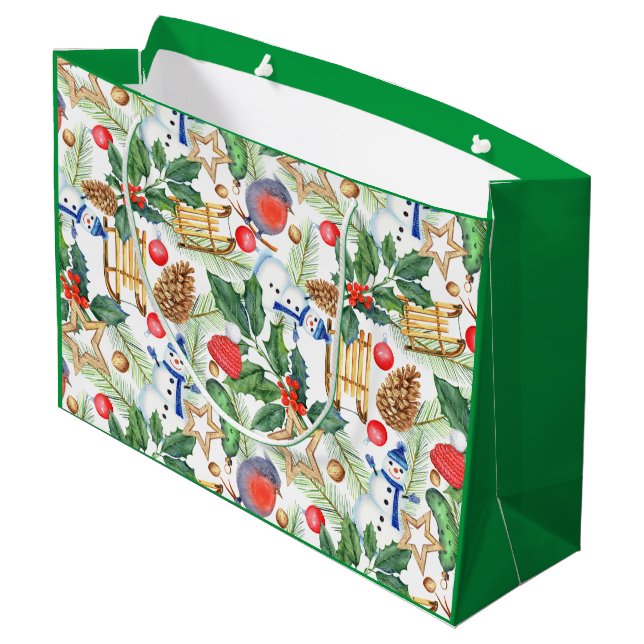 Sacola Para Presentes Grande Natal Natal Natal Natal Xmas Snowman, Pine Cones,  (Verso inclinado)