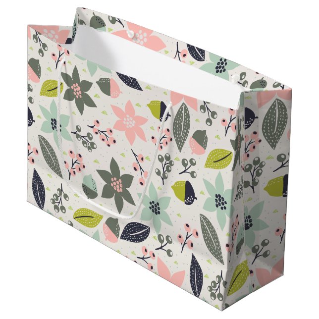 Sacola Para Presentes Grande Natal Poinsettia Acorns Cinza Aqua Verde limão (Frente inclinada)