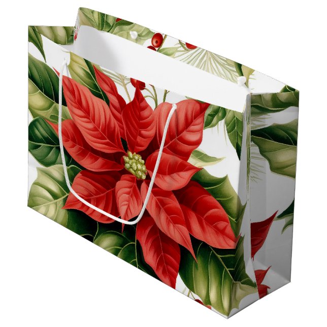 Sacola Para Presentes Grande Natal Poinsettia Holly Berry Red Green (Frente inclinada)