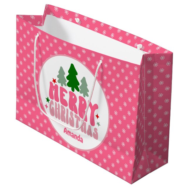 Sacola Para Presentes Grande Natal retrô-personalizado rosa (Frente inclinada)