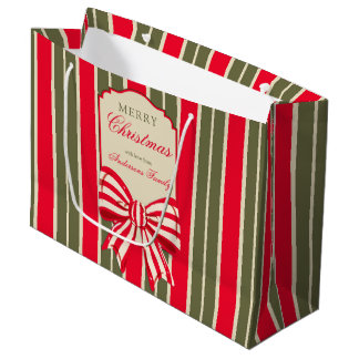 Sacola Para Presentes Grande Natal retro vermelho verde listras com laço person