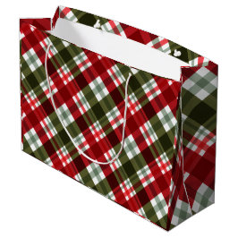 Sacola Para Presentes Grande Natal Rústico Xadrez Vermelho Verde & Branco Elega