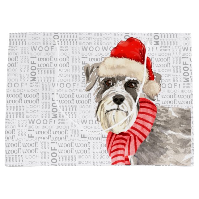 Sacola Para Presentes Grande Natal Schnauzer Cachorro Palavras Feriado (Frente)