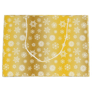 Sacola Para Presentes Grande Natal Variegado Dourado com Flocos de Neve Brancos