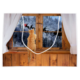 Sacola Para Presentes Grande Natal vermelho alaranjado do ponto do gato de gato