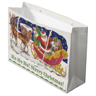 Sacola Para Presentes Grande Natal Vintage, Papai Noel Alegre com Trenó