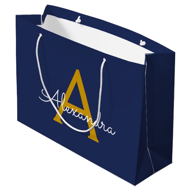 Sacola Para Presentes Grande Navy Azul Dourado Moderno Parágrafo Feminino Monog (Verso inclinado)