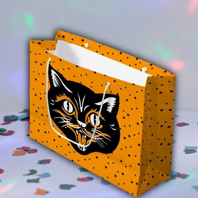 Sacola Para Presentes Grande Negra Gata Negra Clássica de Halloween Estrelas Ne (Happy Halloween black cat face on black stars on orange gift bag.)