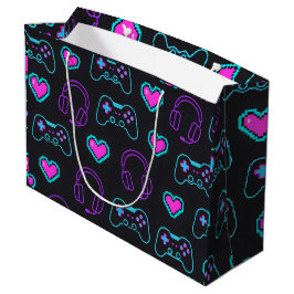 Sacola Para Presentes Grande Neon Gamer Controller and Hearts Pattern