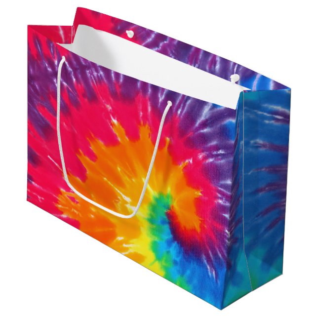 Sacola Para Presentes Grande Neon Rainbow Retro Tie Dye Design (Frente inclinada)