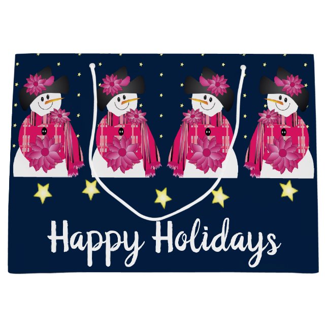 Sacola Para Presentes Grande Neve Azul Escuro E Rosa (Frente)