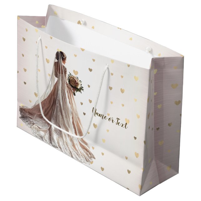 Sacola Para Presentes Grande Noiva Casamento Inverno Rosa Coração Brilhante Dou (Frente inclinada)