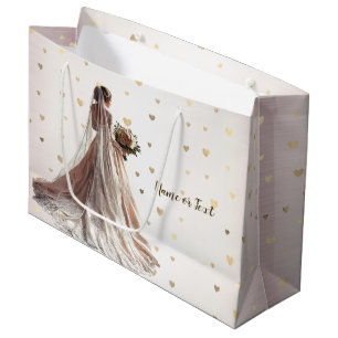 Sacola Para Presentes Grande Noiva de Casamento de Inverno Rosa Coração Dourado