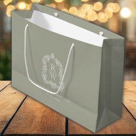 Sacola Para Presentes Grande Noiva Monograma Crista Verde Sage Casamento