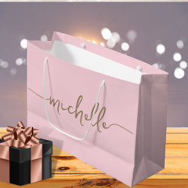 Sacola Para Presentes Grande Nome com Monograma em Script Dourado Elegante Rosa