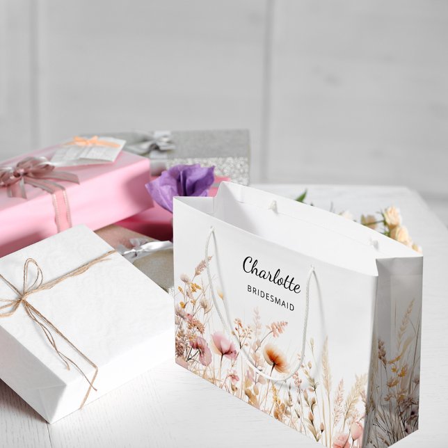 Sacola Para Presentes Grande Nome da dama de honra rosa dos flores selvagens (Criador carregado)
