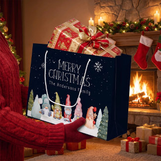 Sacola Para Presentes Grande Nome da Família Feliz Natal Inverno Neve Gnomos