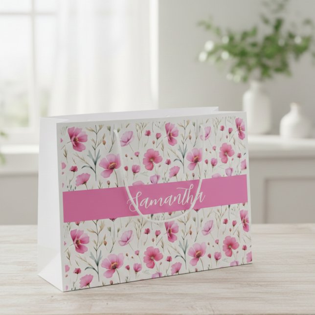 Sacola Para Presentes Grande Nome da Flor Silvestre de Aquarela Rosa  (Criador carregado)