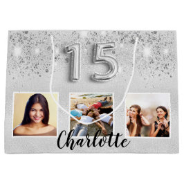 Sacola Para Presentes Grande Nome da foto de brilho de prata Quinceanera