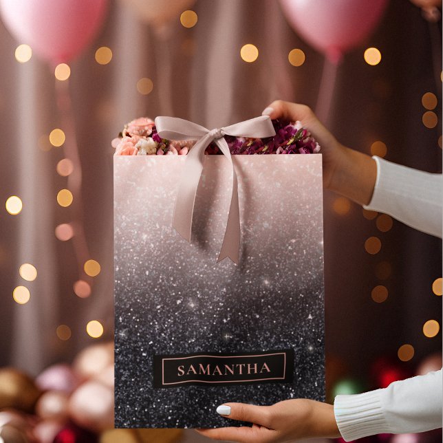Sacola Para Presentes Grande Nome de cintilações preto e rosa modernos (Criador carregado)